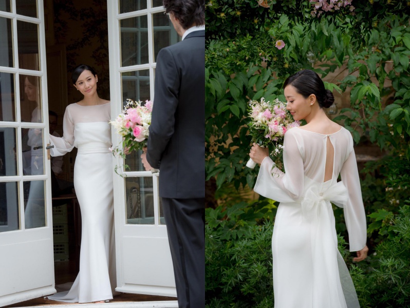 法拉身穿米蘭設計師度身訂造的一套白色簡約典雅的婚紗